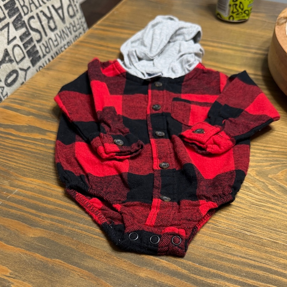 Red & Black Buffalo Plaid Hooded Baby Onesie